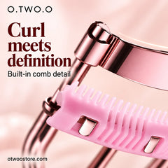 Close-up of pink built-in comb detail for curling and defining eyelashes