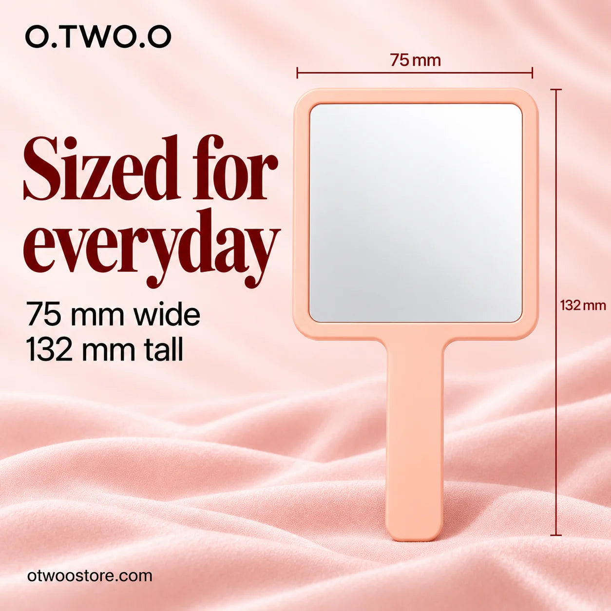Peach handheld mirror size guide showing 75 mm width and 132 mm height