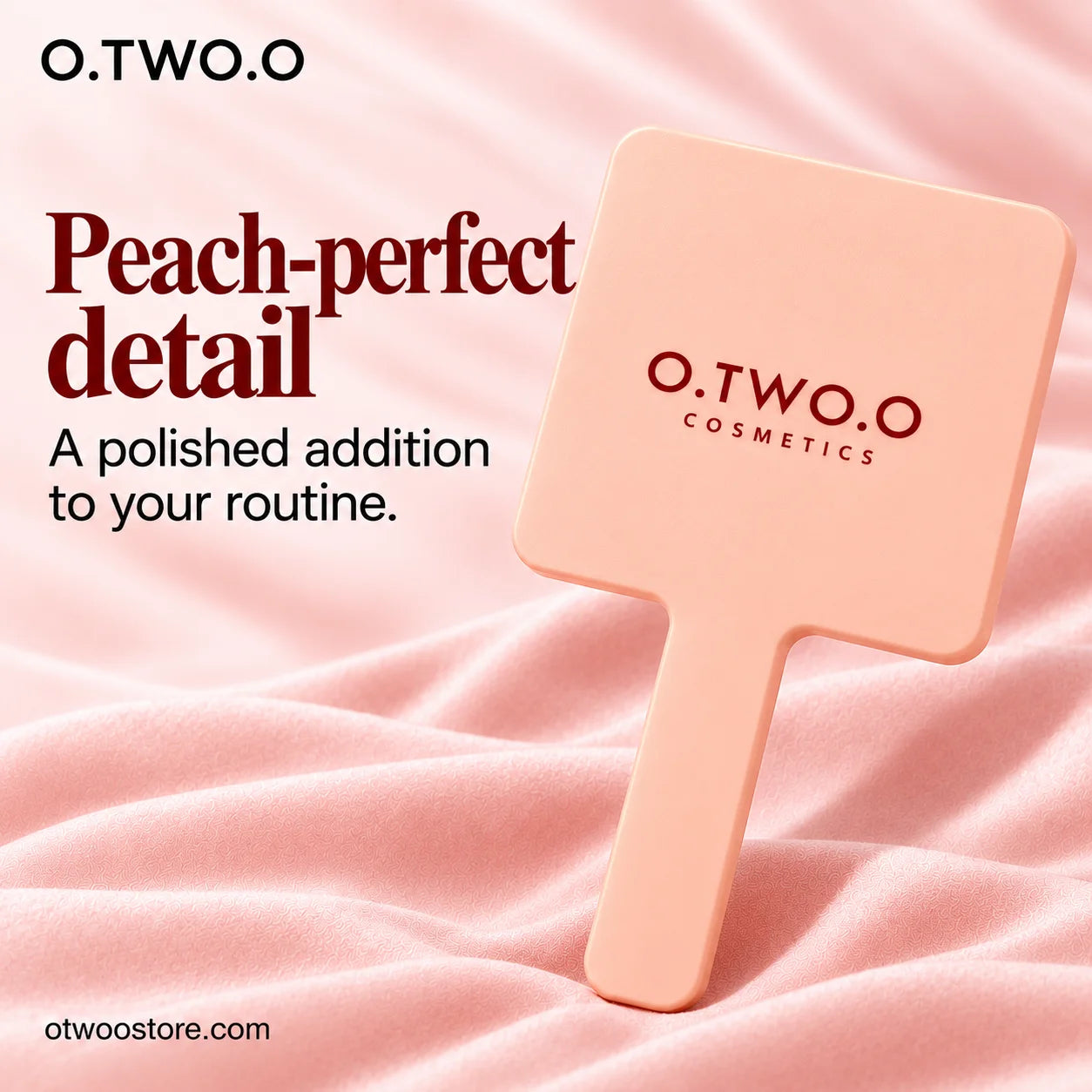 Polished peach makeup mirror back with O.TWO.O Cosmetics branding
