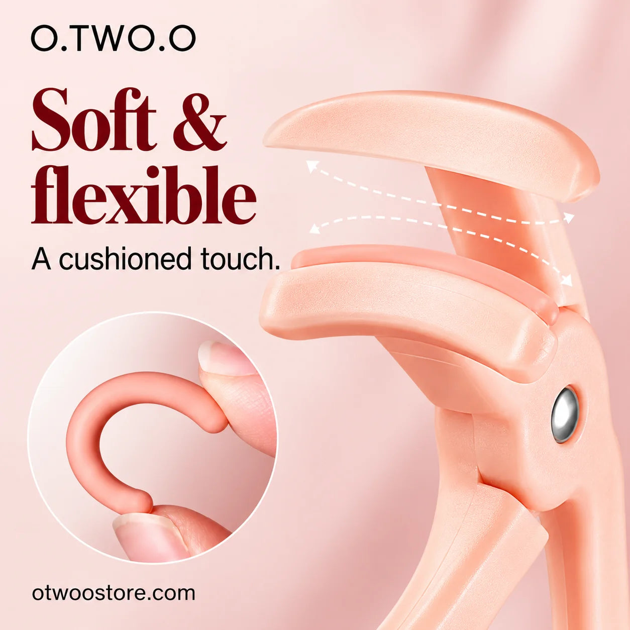 Flexible cushioned eyelash curler pad shown compressing under gentle pressure