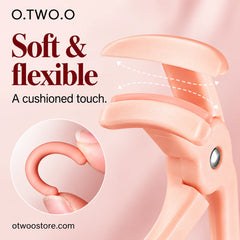Flexible cushioned eyelash curler pad shown compressing under gentle pressure